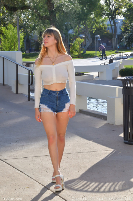 Amateur stunner Angel fresh teenie flashes her enormous natural boobies & asshole in public