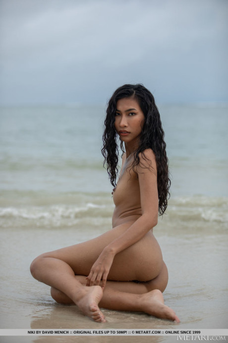Hot brunette teen Niki does away with her bikini to go nude on a beach