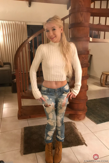Petite teen Kenzie Reeves giving a glimpse of her perfect titties & bald snatch