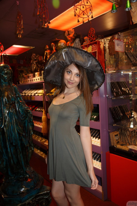 Kinky brunette Nickey Huntsman flashes her melons and ass while out in public