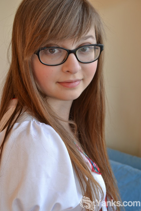 Adorable schoolgirl in glasses Lilah Demaray fingers & toys her chubby pussy