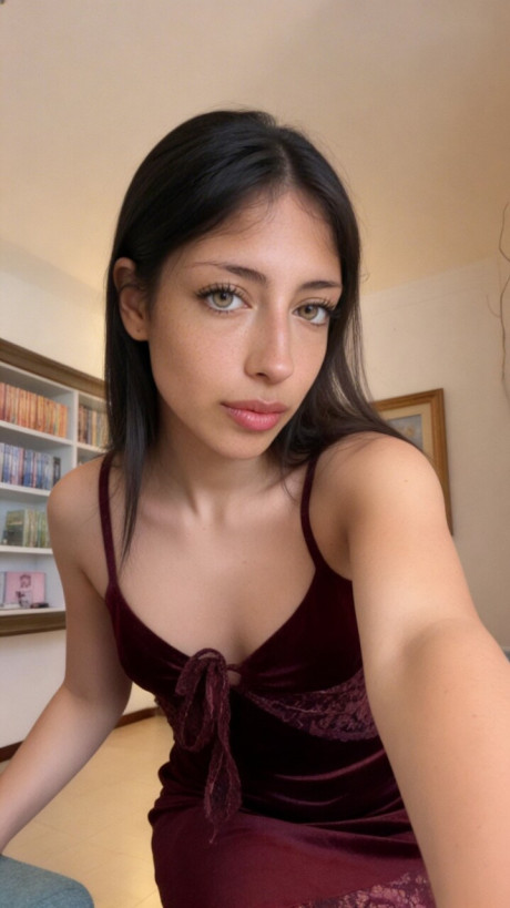 Brunette amateur takes selfie shots in a number of different outfits