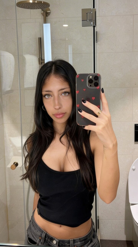 Brunette amateur takes selfie shots in a number of different outfits