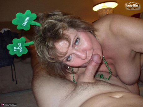 Old amateur Busty Bliss licks a small cock during St Paddy celebrations