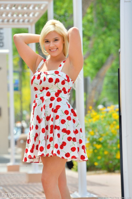 Amateur babe Bonnie gives hot upskirt views & flaunts huge melons in public