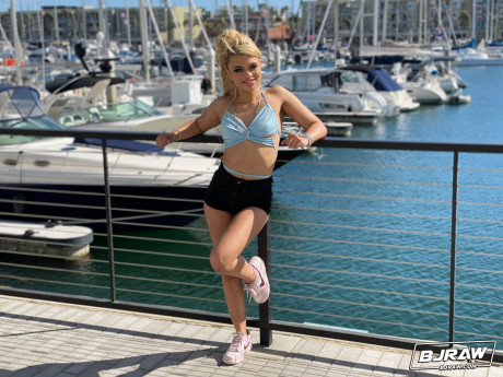 Latina teen Destiny Cruz models swimwear at a marina before an butt licking oral sex
