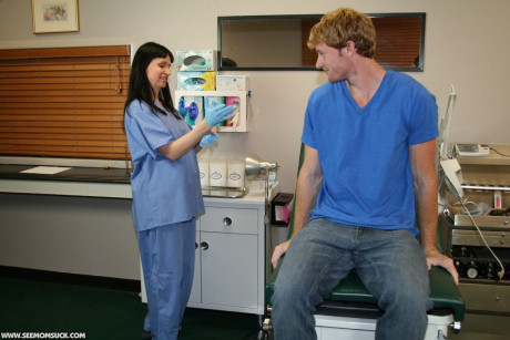 Dark haired MILF nurse gives a sexy lovely blowjob to her horny patient