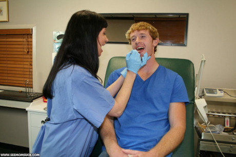 Dark haired MILF nurse gives a sexy lovely blowjob to her horny patient