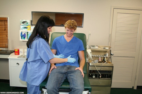 Dark haired MILF nurse gives a sexy lovely blowjob to her horny patient