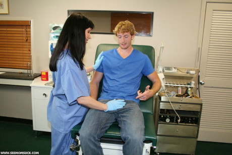 Dark haired MILF nurse gives a sexy lovely blowjob to her horny patient