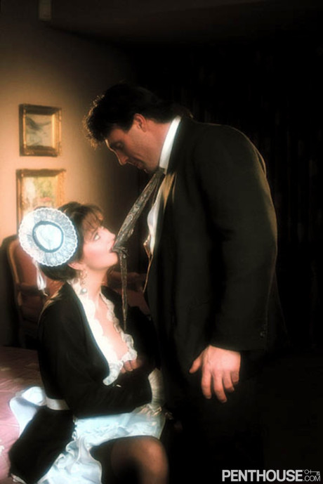 Stunning maid Simone seduces the boy boy stud of the house into licking her snatch