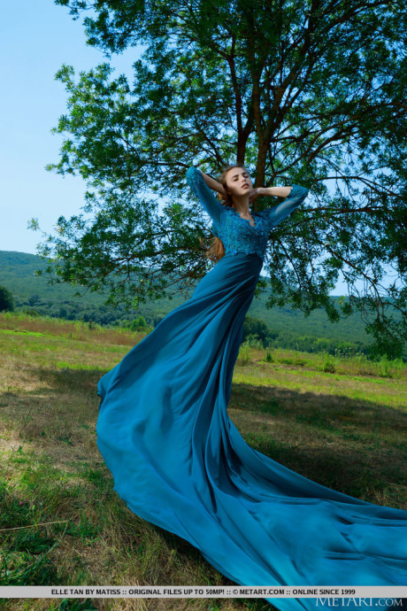 Cute young Elle Tan gets totally undressed on a blanket in a field by a tree