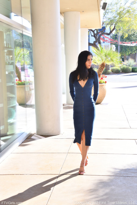 Pantyless babe in a long dress Mila flashes her pussy & tits in public
