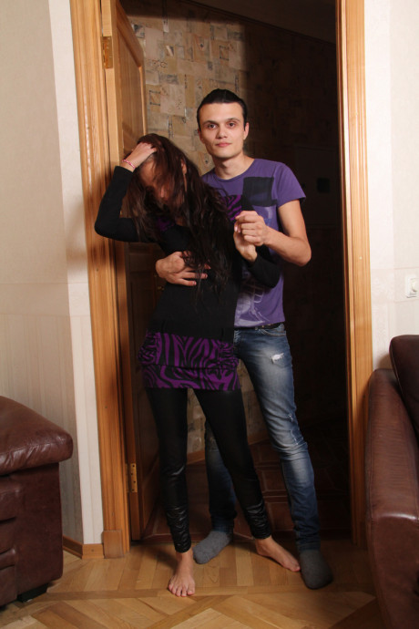 Fresh teen couple have sex on a galley counter and an chair as well