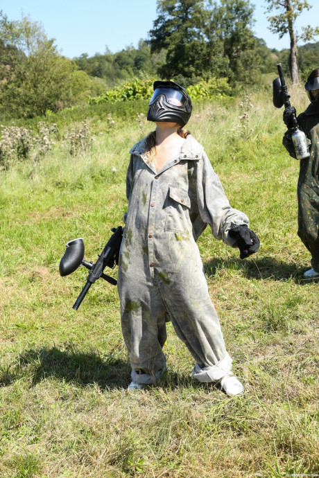 Paintball players slut woman Bug & Heather Harris get involved in an outdoor 3some