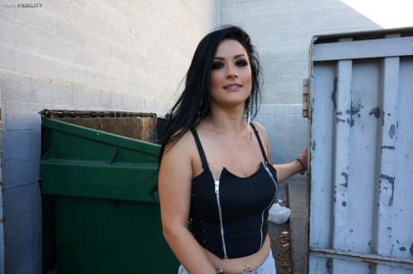 Busty girl girl Katrina Jade strips undressed after scrounging dumpsters for food