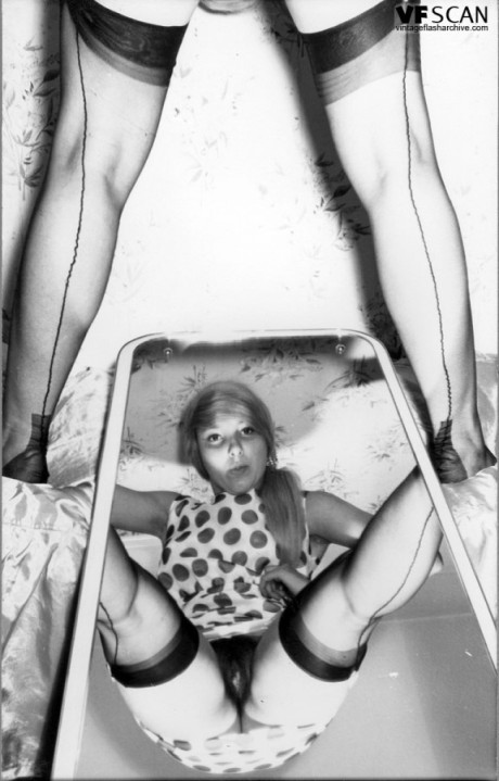 Kinky vintage housewives wearing stockings spreading to show hairy twat
