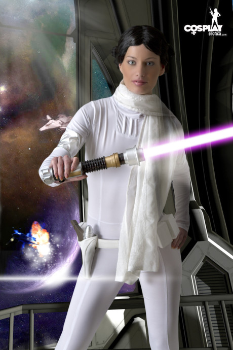 Living doll wields a lightsaber while emulating Princess Leah