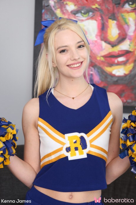 Skinny cheerleader Kenna James strips undressed and masturbates with a dildo