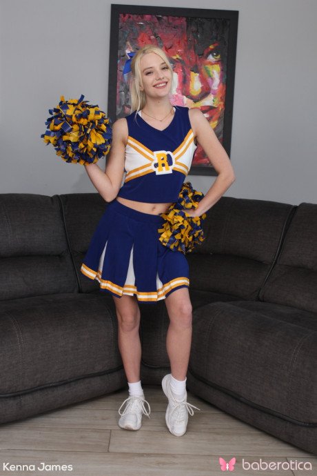 Skinny cheerleader Kenna James strips undressed and masturbates with a dildo