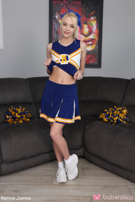 Skinny cheerleader Kenna James strips undressed and masturbates with a dildo