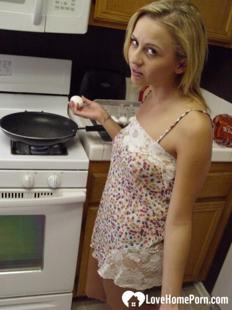 Beautiful sweet amateur ex-wife Katty West strips and shows her huge tits while cooking