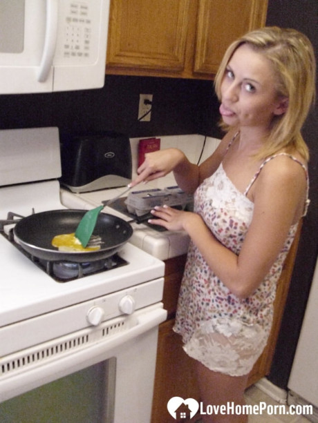 Beautiful sweet amateur ex-wife Katty West strips and shows her huge tits while cooking