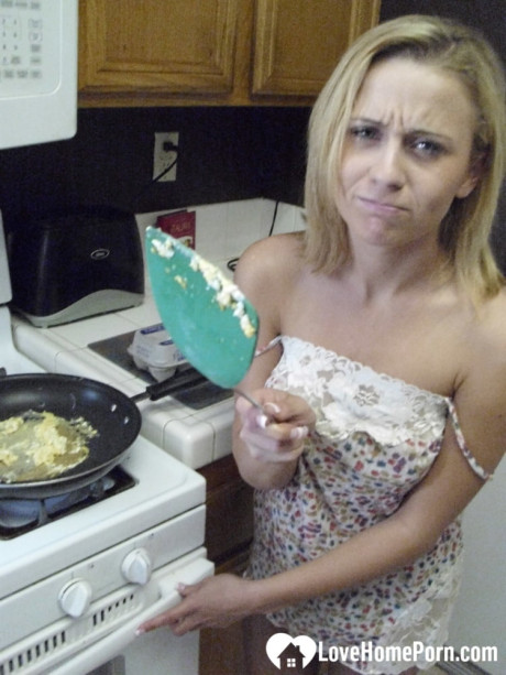 Beautiful sweet amateur ex-wife Katty West strips and shows her huge tits while cooking