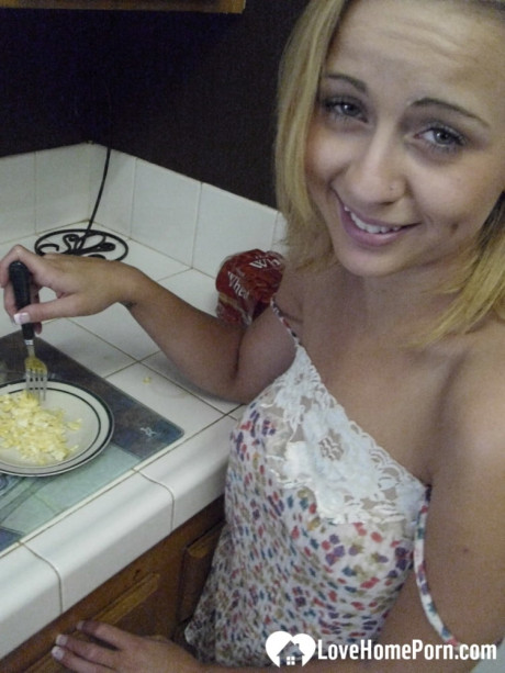 Beautiful sweet amateur ex-wife Katty West strips and shows her huge tits while cooking