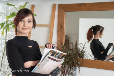 Babe Jeny Smith poses in her fine tights, boots & skirt before taking a shower