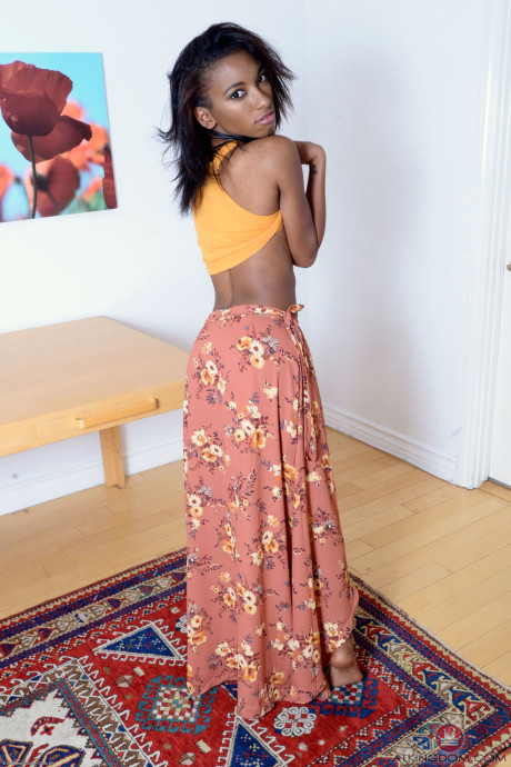 Lovely black young Raven Wylde unveils her petite body and chocolate holes