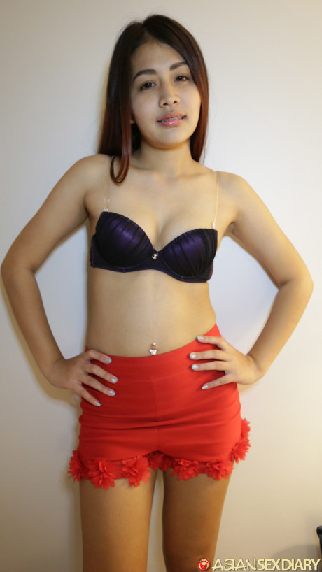 Ravishing fine oriental babe Fon flaunts her small melons while stripping for some POV sex