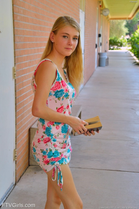 Slim blondy teen Hannah exposes her shaved twat and butt in public