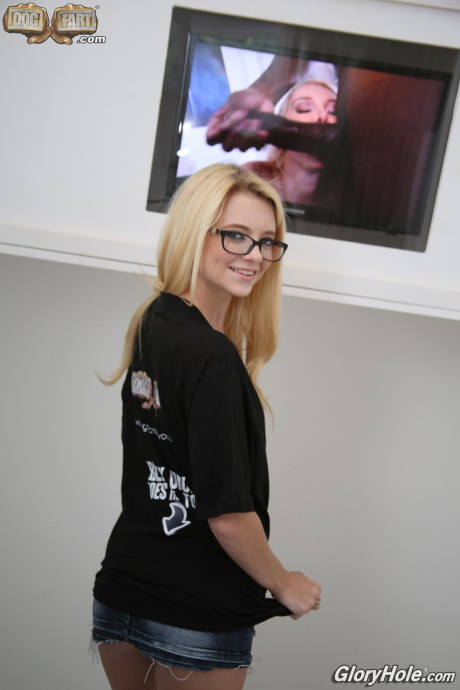 Skinny Riley Star lets a BBC sperm on her stunning pretty face in glasses at a gloryhole