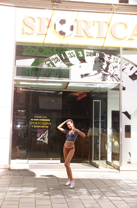 Teen solo slut girl woman Madison models in public while wearing body paint only