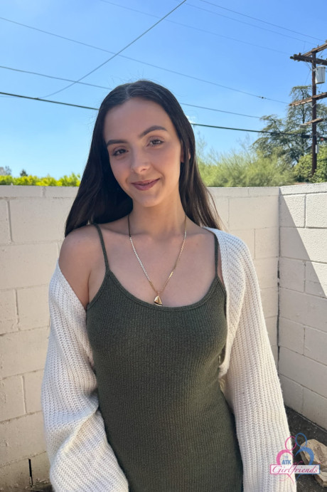 Young teenie amateur Serena Hill holds her pink snatch after getting totally undressed