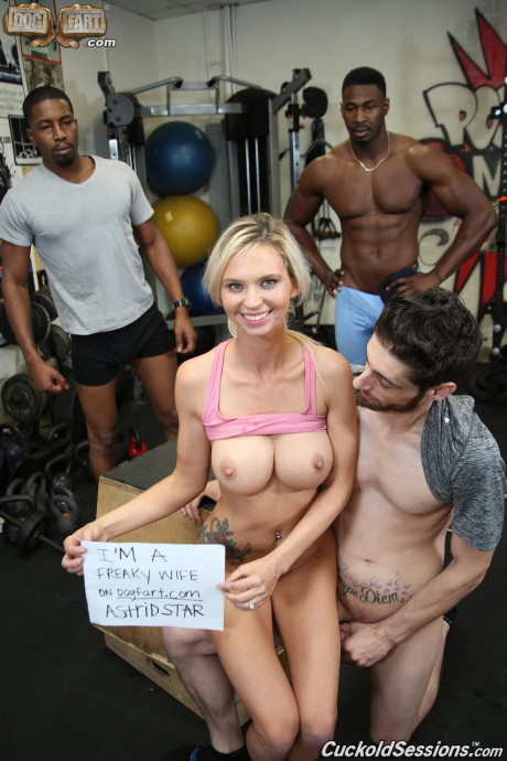 Busty blonde rides 2 ebony dudes while her cuckold has to watch