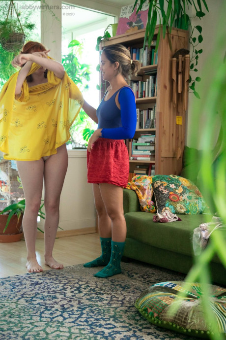 Lesbian MILF Luciana & hot teenie Maddie show their boobs while getting dressed