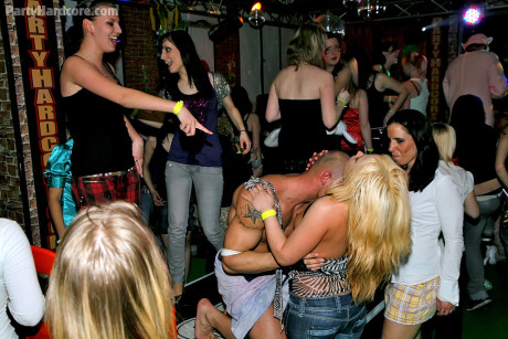 Naughty amateur ladies making out and fucking with male strippers