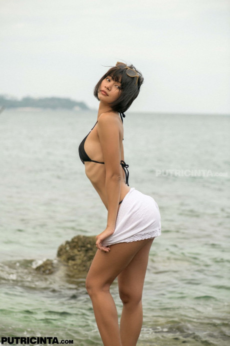 Brunette babe with small boobs poses naked on the beach in a solo