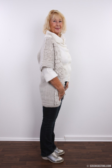 Older old lady Regina strips for her first porno audition showing her saggy melons