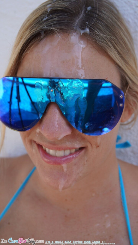 Yellow-haired MILF wears sunglasses while taking cumshots on her face and twat