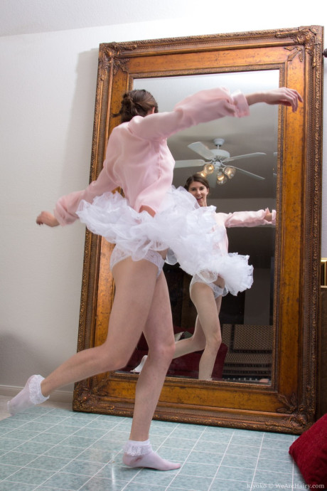 Happy ballerina Kiyoko flashes panty upskirt & peels to pet her bushy snatch