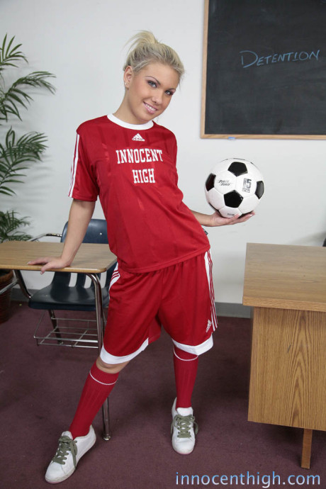 Sporty student soccer player Aubrey Adams shows tiny breasts & hot booty in class