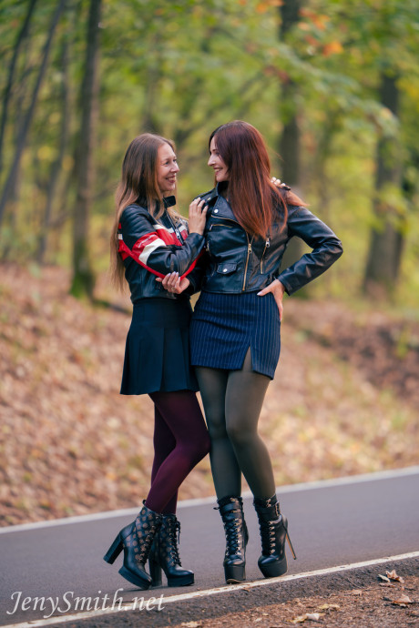Beautiful lesbian Jeny Smith & her sweet girl show their small melons outdoors