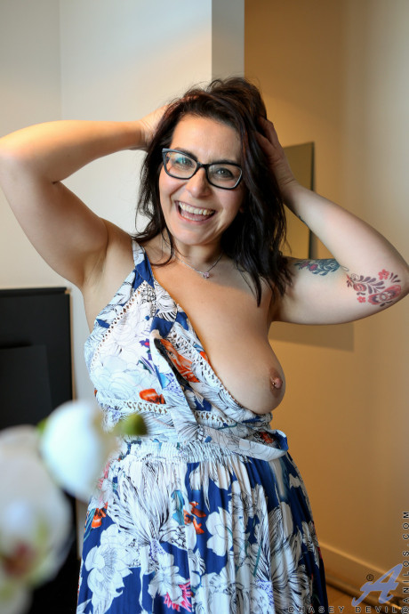 Nerdy mom Chasey Devil exposes her bald holes & large boobies with pierced nipples