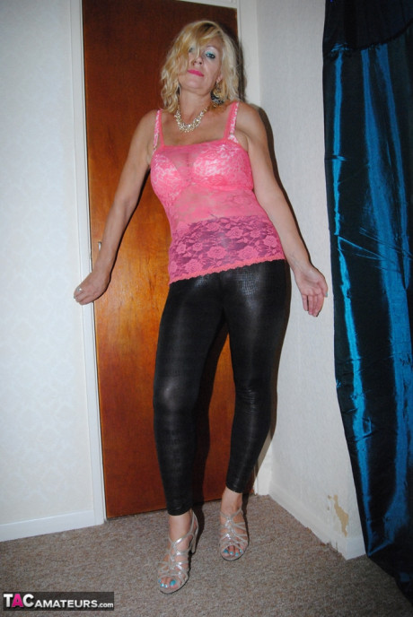 Over 30 amateur Platinum blonde removes leather pants during a SFW gig