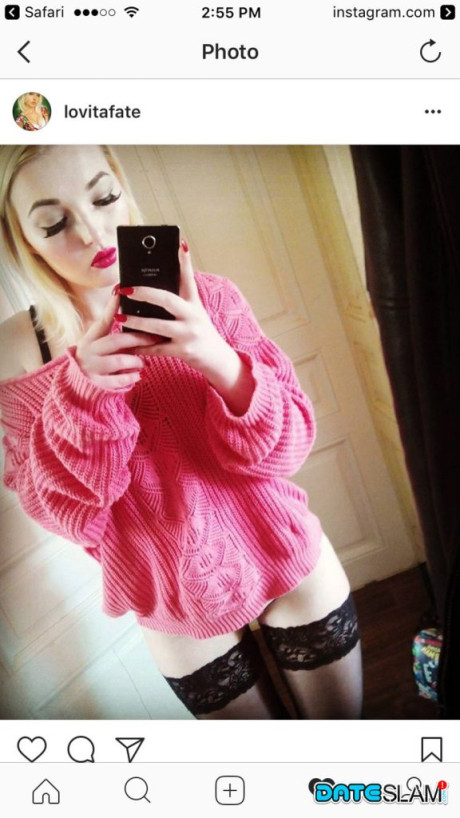 Hot blondie amateur Lovita Fate takes a self shot in hot undergarment & nylons