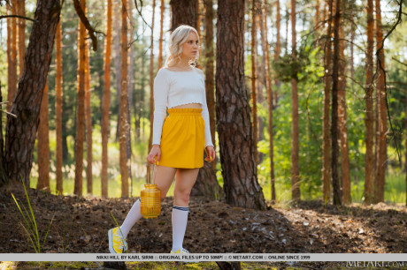 Hot blonde young Nikki Hill strips totally naked on a blanket in the woods