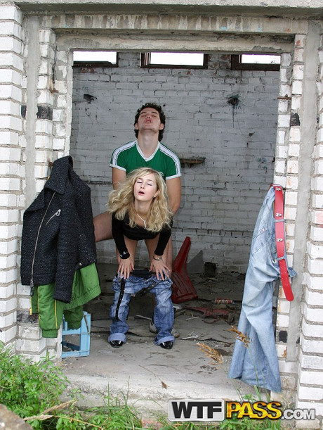 Yellow-haired girl gf girl does hardcore anal in an abandoned building with strangers